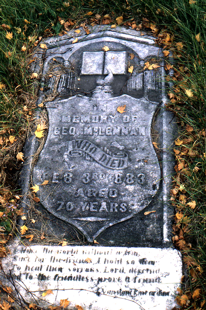 Photo of headstones/Geo McLennan d1883 old hdstn Hilly Grove Cem ON